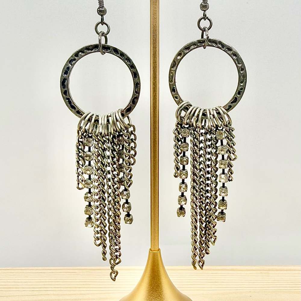 Silver Tone Chain Fringe Hoop Earrings Statement Dangle Jewelry